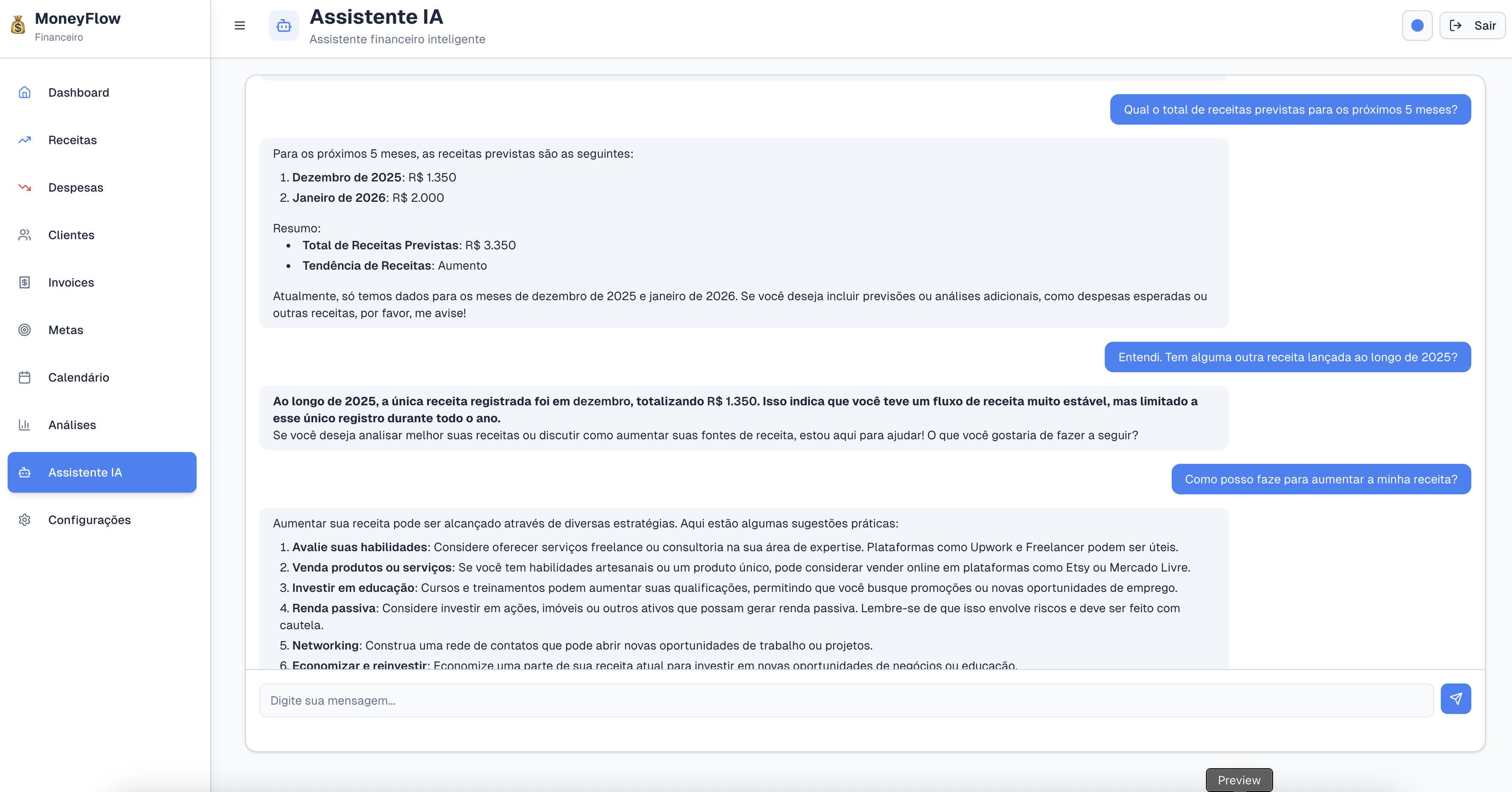 Tela do MoneyFlow com assistente e chat